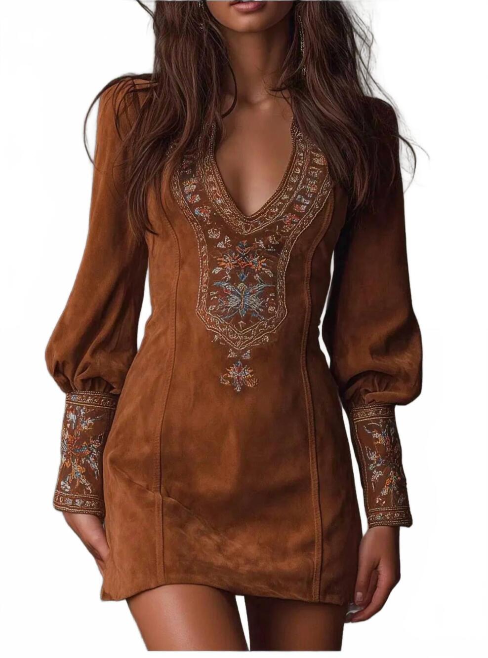 NEW ROSA CLOTHING western cowboy retro v-neck embroidered dress in brown